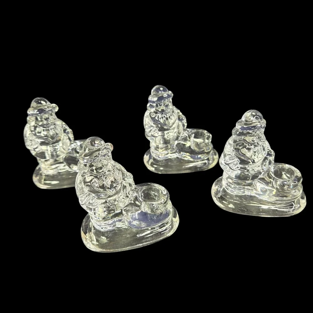Williams Sonoma Santa Claus Tiny Taper Candle Holders Set of 4 Clear Glass READ